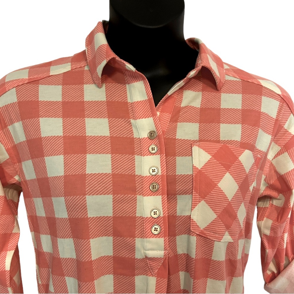 Country Door Coral Pink Collared Stretch Flannel Plaid Shirt Career Casual Tunic - Picture 9 of 11